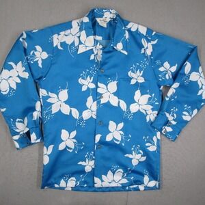 Vintage Paradise Hawaii Mens Blue Floral Long Sleeve Shirt Medium Loop Collar